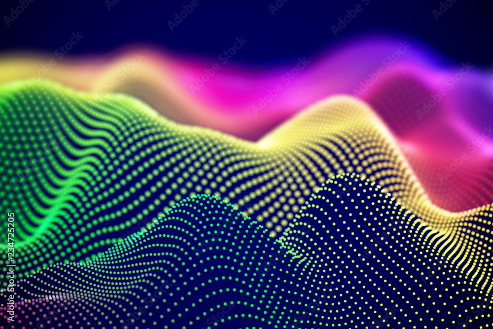 Poster abstract digital landscape or soundwaves with flowing particles. big data technology background. vis