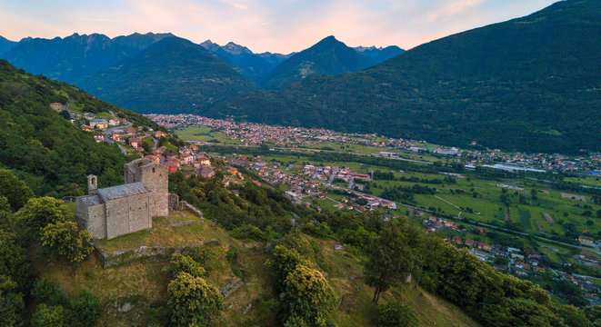 Panoramic elevated view of Castello di Domofole, Costiera dei Cech, Mello, Sondrio province, Valtellina, Lombardy