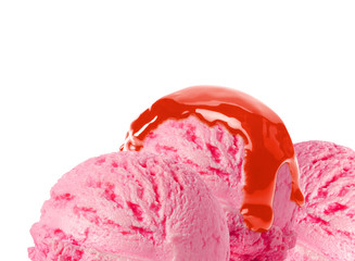 Strawberry ice cream scoops with sauce or syrup isolated on white background