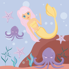 cute siren with octopuses and starfish