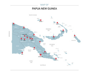 Papua New Guinea vector map. Editable template with regions, cities, red pins and blue surface on white background. 