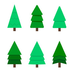 Christmas tree, a set of six green Christmas trees. A cartoon Christmas tree. Flat design, vector.