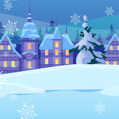 Obraz na płótnie Canvas Sketch for Christmas poster with cozy small houses in old town or village. Template for greeting card or party invitation. Snowy winter landscape. Festive mood. Vector cartoon close-up illustration.