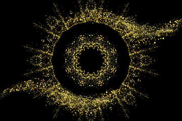 Gold glitter party confetti texture round banner frame with place for text on a black background. Circle golden explosion of confetti. Colorful grainy abstract dust. Christmas background design.