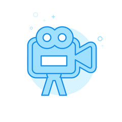 Videocamera, Camcorder Flat Vector Icon. Wedding Videography Symbol, Pictogram, Sign. Light Flat Style. Blue Monochrome Design. Editable Stroke. Adjust Line Weight. Design with Pixel Perfection.