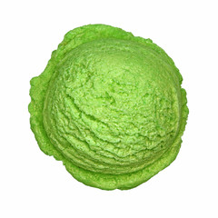 Pistachio ice cream scoop from top view isolated on white background.