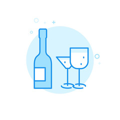Wine Bottle and Glasses Flat Vector Icon. Wedding Alcohol Symbol, Pictogram, Sign. Light Flat Style. Blue Monochrome Design. Editable Stroke. Adjust Line Weight. Design with Pixel Perfection.