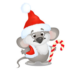 Cute koala bear in hat of Santa Claus with sweet candy cane isolated on white background. Sketch of Christmas festive poster, party invitation, other holiday card. Vector cartoon close-up illustration