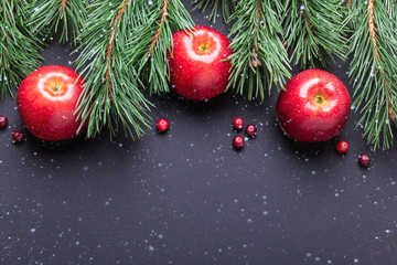 Christmas background with tree branches, red apples and cranberries. Dark wooden table