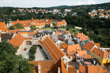 The top view of the river Ltava, as well as the beautiful red roofs of the Czech city of Cesky Krumlov