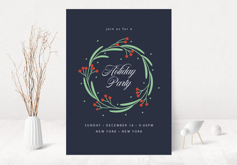 Holiday Party Invitation Layout with Wreath Illustration