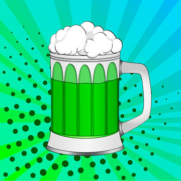 Pop art Saint Patricks Day, green beer in a glass mug. Color background. Comic book style imitation.