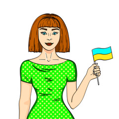 Object on white background Happy young girl with the Ukrainian flag, looking at the camera. Comic style imitation