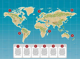 Simplified world map with rivers, mountains, major capitals with population more than 5 milions. Flat design with label and legend on the map