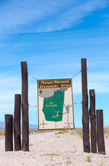Welcome wooden sign at El Leoncito, Argentina