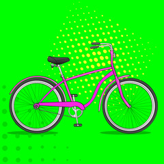 Pop art bike. The vehicle is pink. Comic book style imitation