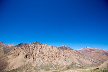 Aconcagua mountain peaks with clear blue sky. Argentina