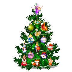 Sketch With Cute Christmas Tree. New Year Gifts, Classic Christmas Decorations And Baubles. Sample Of Poster, Invitation And Other Card. Vector cartoon close-up illustration.