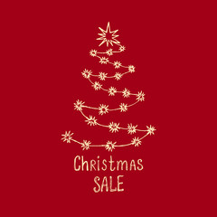 Fototapeta na wymiar Christmas Sale - red card with hand-drawn Christmas tree