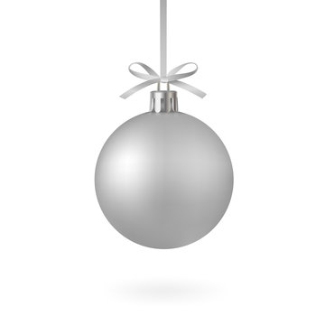 Realistic silver Christmas ball with ribbon and bow, isolated on white background - stock vector.