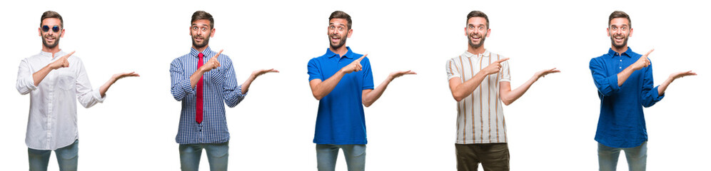 Collage of young business hispanic man over isolated background amazed and smiling to the camera while presenting with hand and pointing with finger.