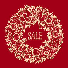 Sale - red card with hand-drawn Christmas wreath