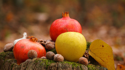 autumn still life with red apples and leaves