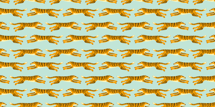 Seamless exotic pattern with tigers. Vector design.