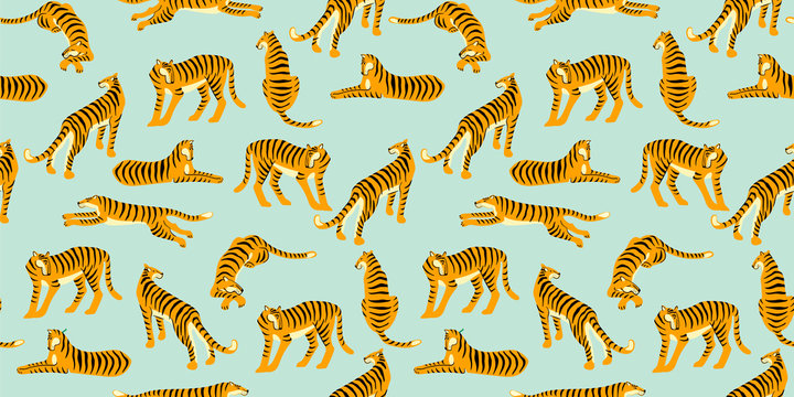Seamless exotic pattern with tigers. Vector design.