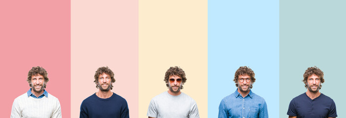 Obraz premium Collage of young casual man over colorful stripes isolated background with a happy and cool smile on face. Lucky person.