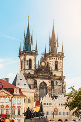 Fototapeta na wymiar Prague, Bohemia, Czech Republic. Old town cityscape of Praha with Church of our lady before Tyn. Gothic construction.