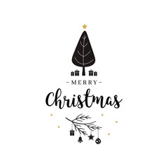 Merry Christmas greeting text tree and gifts isolated background