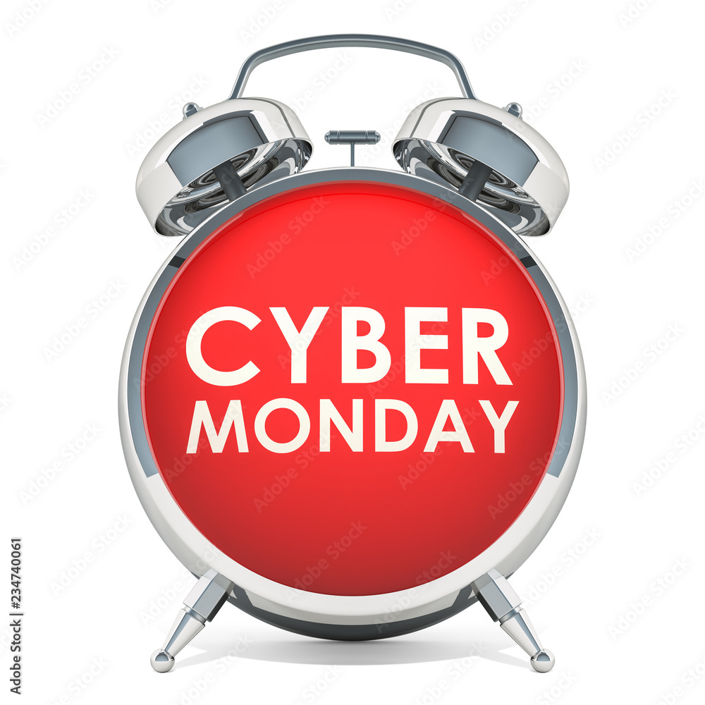Poster cyber monday concept with alarm clock, 3d rendering
