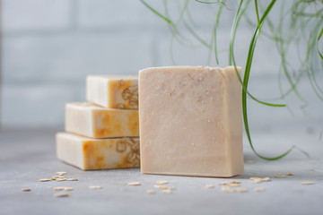 Handmade soap bars with oatmeal flakes. Organic soap making. Spa treatments.