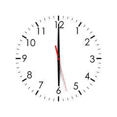 Clock dial shows 6:00 isolated on white background. Vector illustration