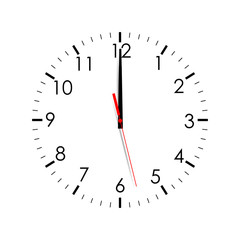 Clock face isolated on white background. 12 o'clock. Vector illustration