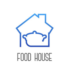 Logotipo con texto Food House con casa y olla lineal en color azul