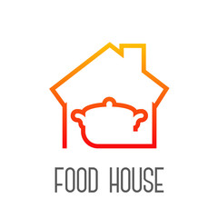 Logotipo con texto Food House con casa y olla lineal en color naranja
