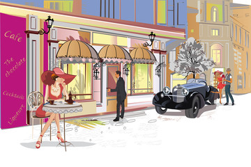 Series of colorful retro street views with fashion people in the old city. Hand drawn vector architectural background with historic buildings. Street musicians.
