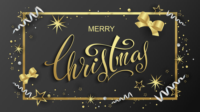 Merry Christmas ! Lettering. Congratulatory poster with golden confetti, stars and serpentine. Vector image.