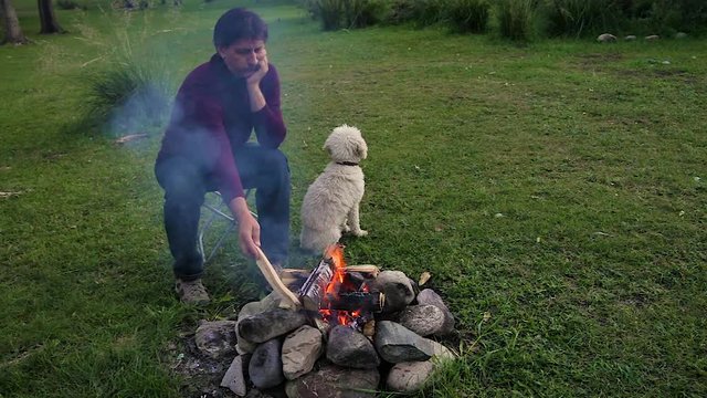 family vacation destination on the banks of the river in the mountains around the campfire. A middle-aged Caucasian man in a bard sweater playing with a white dog breed poodle. evening light of a summ