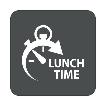 Icono plano con texto LUNCH TIME con reloj en cuadrado gris