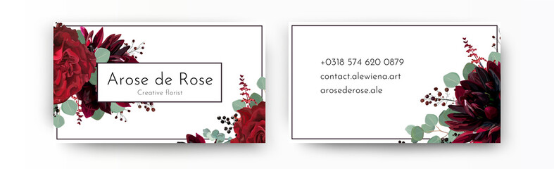 Business card elegant modern design template. Watercolor hand drawn Red rose flowers, burgundy dahlia, eucalyptus branches, leaves, amaranthus & berries decoration. Vector, beautiful bohemian template