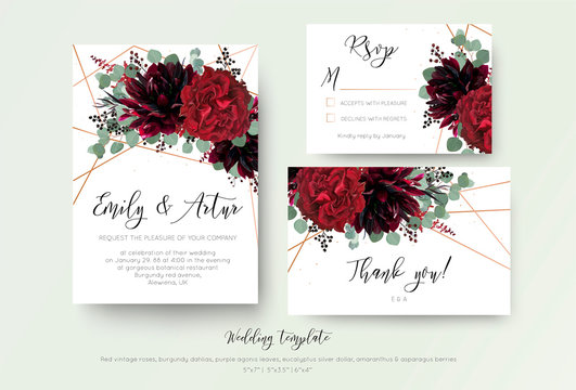 Wedding invite invitation, rsvp, thank you card floral design. Red rose flower, burgundy dahlia, eucalyptus silver dollar branches, berries wreath with rosy copper geometrical decoration. Bohemian set