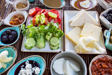 Traditional Delicious Turkish breakfast. Travel concept photo.