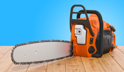Modern chainsaw on the wooden table. 3D rendering