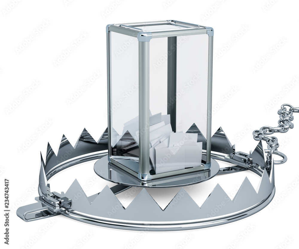 Poster ballot box inside bear trap. 3d rendering