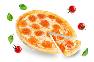 Pizza with pepperoni, tomato sauce and cheese isolated