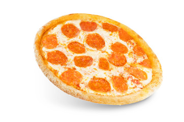 Pizza with pepperoni, tomato sauce and cheese isolated