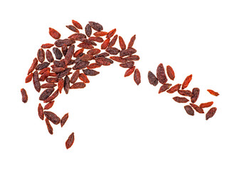 Heap of goji berries isolated on white background, top view.